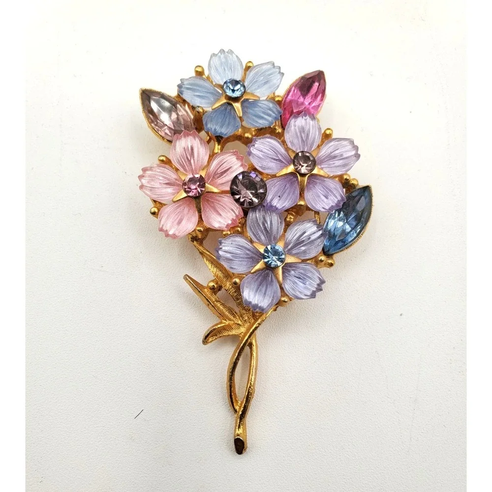 Vintage Jeweled Ribbed Glass Pink Purple Violets Brooch Pin Flowers